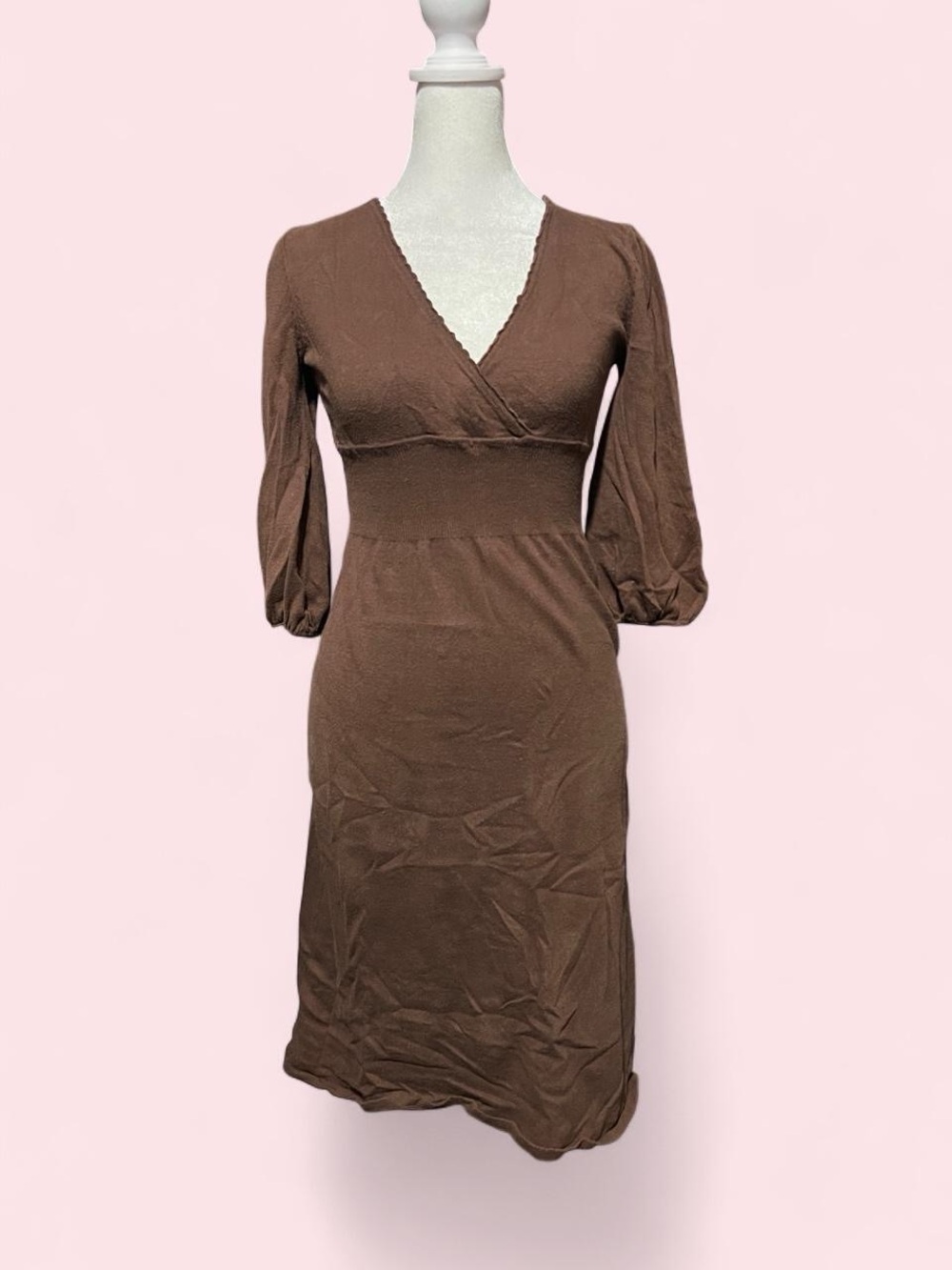 Small Women's Brown V-Neck Wrap Midi Dress
